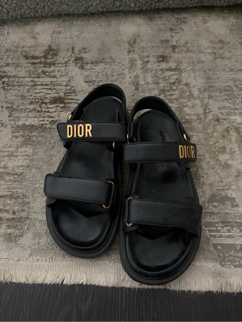Dior Black Leather Sandal with Gold Logo Accents